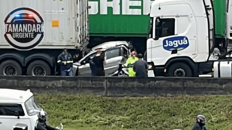 Motorista sobrevive após carro ser esmagado entre duas carretas na BR-116