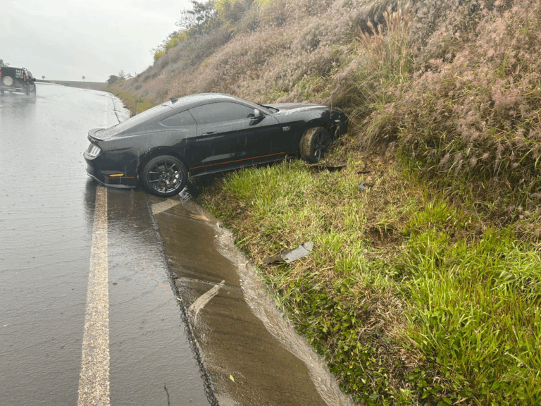 Mustang sai da pista e atinge barranco em rodovia na região de Tibagi